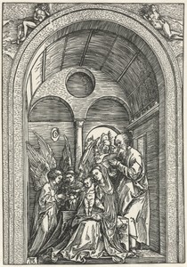 De Heilige Familie met twee engelen