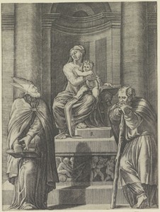 De heilige Jozef en een bisschop bij een altaar met Maria met Kind