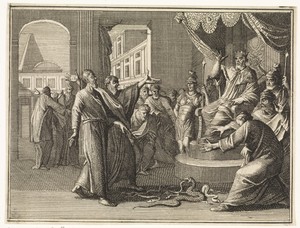 De in een slang veranderde staf van Mozes verslindt die van de Egyptische tovenaars