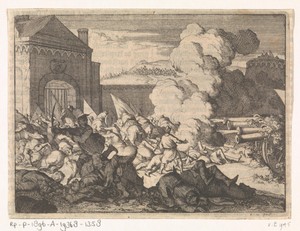 De poort van Siseck in Kroatië waar binnenkomende Turken door kanonnen worden gedood, 1592