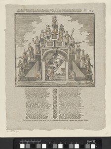De twaalf aartsvaderen, de zonen Jacobs ziet / Men hier ten trappenrei gesteld met hunnen namen, / Gelyk zy tot hem om zyn laatsten zegen kwamen, / Wel wetende dat God dien zegen zelf gebiedt