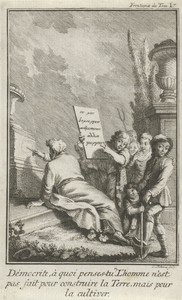 Democritus kerft een wiskundig model in een sokkel