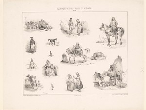 Dertien voorstellingen uit het dagelijks leven met diverse menselijke figuren en paarden