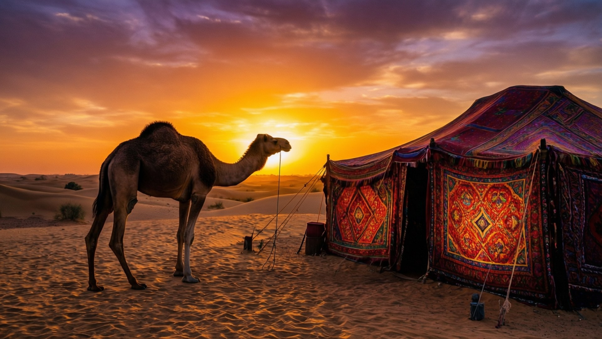 Desert Sunset Camel Silhouette by Wallpapers.art Studio