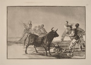Desjarrete de la canalla con lanzas, medias-lunas, banderillas y otras armas (The Rabble Hamstring the Bull with Lances, Sickles, Banderillas and Other Arms)