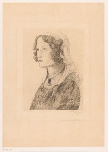 Detail uit een fresco van Botticelli, gezicht van een jonge vrouw