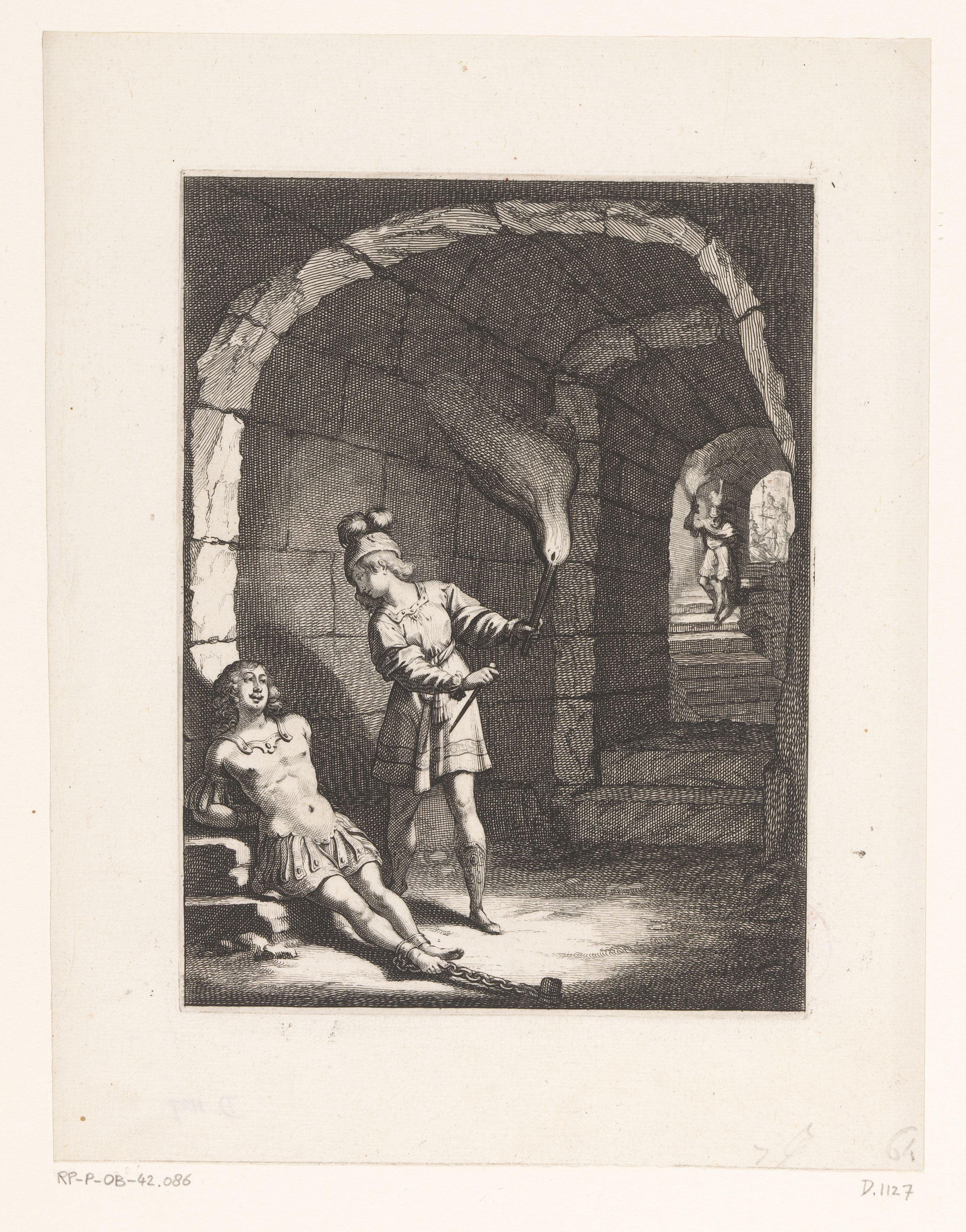 Dicargue bevrijdt Palamède uit de kerker by Abraham Bosse