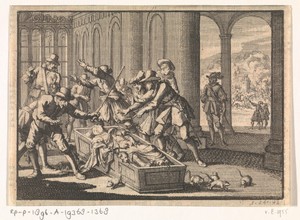 Dienaren van de hertog van Aumale trachten de ratten in zijn doodskist te verjagen, 1591