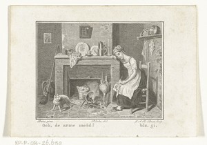 Dienstmeid zit slapend op stoel bij haard en kat gooit pan om