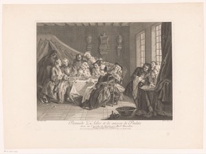 Dinerende figuren rond een tafel