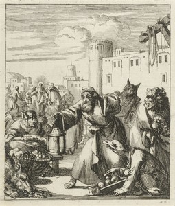 Diogenes vindt Satan vermomd als koopvrouw, op de achtergrond Christus omringd door figuren