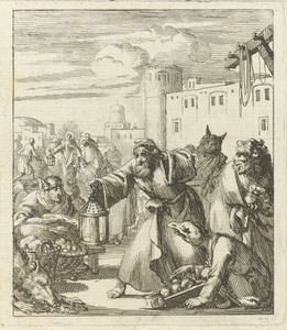 Diogenes vindt Satan vermomd als koopvrouw, op de achtergrond Christus omringd door figuren