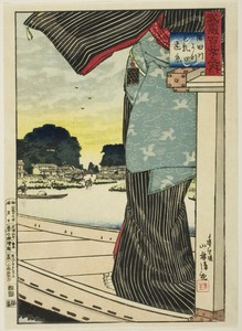 Distant View of Matsuchi Hill from the Sumida River (Sumidagawa yori Matsuchiyama enkei),  from the series "One Hundred Views of Musashi Province (Musashi hyakkei no uchi)"