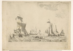 Diverse zeilschepen en een roeiboot