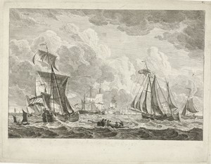 Diverse zeilschepen en een roeiboot