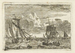 Diverse zeilschepen en een sloep op zee