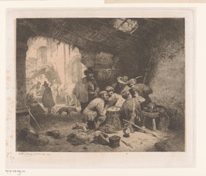 Dobbelende soldaten in een schuur