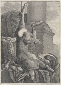 Dode haas en vogels met een jachthond