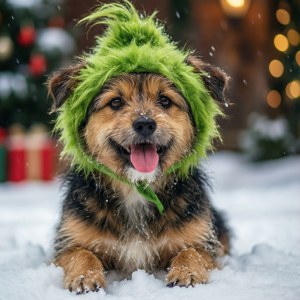 Dog in Grinch Hat Snow
