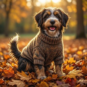Dog in Knitted Sweater Leaves