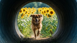 Dog in Sunflowers