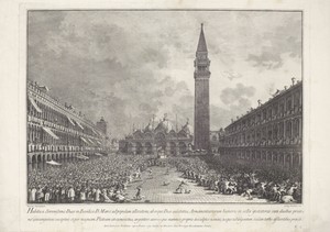 Doge wordt door menigte gedragen over het San Marco Plein