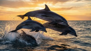 Dolphins Leaping at Sunset