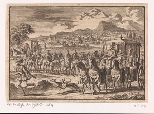 Don Pedro, regent van Portugal, begeeft zich na zijn huwelijk met Maria, hertogin van Aumale, van Lissabon naar Alcantara en wordt achtervolgd door gemaskerde edelen, 1668