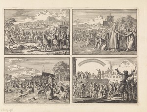 Don Pedro, regent van Portugal, begeeft zich na zijn huwelijk met Maria, hertogin van Aumale, van Lissabon naar Alcantara en wordt achtervolgd door gemaskerde edelen, 1668 / Aartsbisschop van Toulouse legt de eerste steen voor de sluis in het kanaal tussen de Atlantische Oceaan en de Midellandse Zee, 1667 / Nabij Senlis raakt de stoet van koning Lodewijk XIV in levensgevaar door hoog water, 1670 / Plein te Orange, waar het bestuur van prins Willem III wordt aanvaard, terwijl de menigte kijkt naa