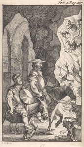 Don Quichotte en Sancho rijden langs een smederij die zij voor de ingang van de hel aanzien
