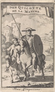 Don Quichotte te paard, naast hem Sancho op een ezel