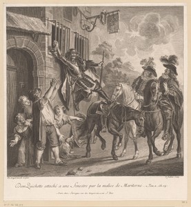 Don Quichotte vastgebonden aan een raam