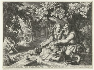 Dood en Cupido schieten elkaars pijlen af en oude man maakt jonge vrouw het hof