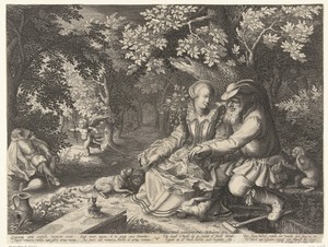 Dood en Cupido schieten elkaars pijlen af en oude man maakt jonge vrouw het hof