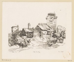 Dorp in een landschap met rechts een toren