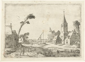 Dorpsgezicht met boerderijen, kerk en waterput