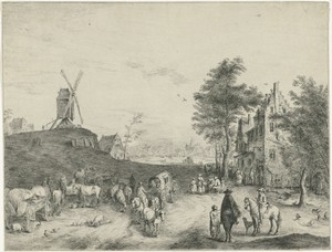 Dorpsgezicht met herberg en windmolen