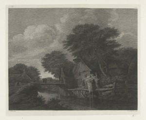 Dorpsgezicht met houten huizen bij een rivier