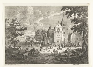 Dorpsgezicht met kerk waar geestelijke wacht op bruidspaar