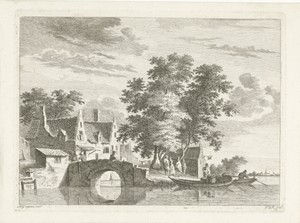 Dorpsgezicht met stenen brug