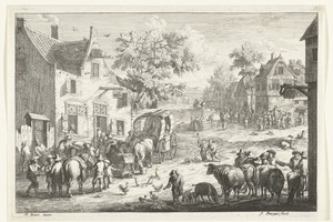 Dorpsgezicht metveehandelaren en reizigers voor herberg