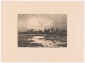 Dorpskerk in de avond, bij een meer
