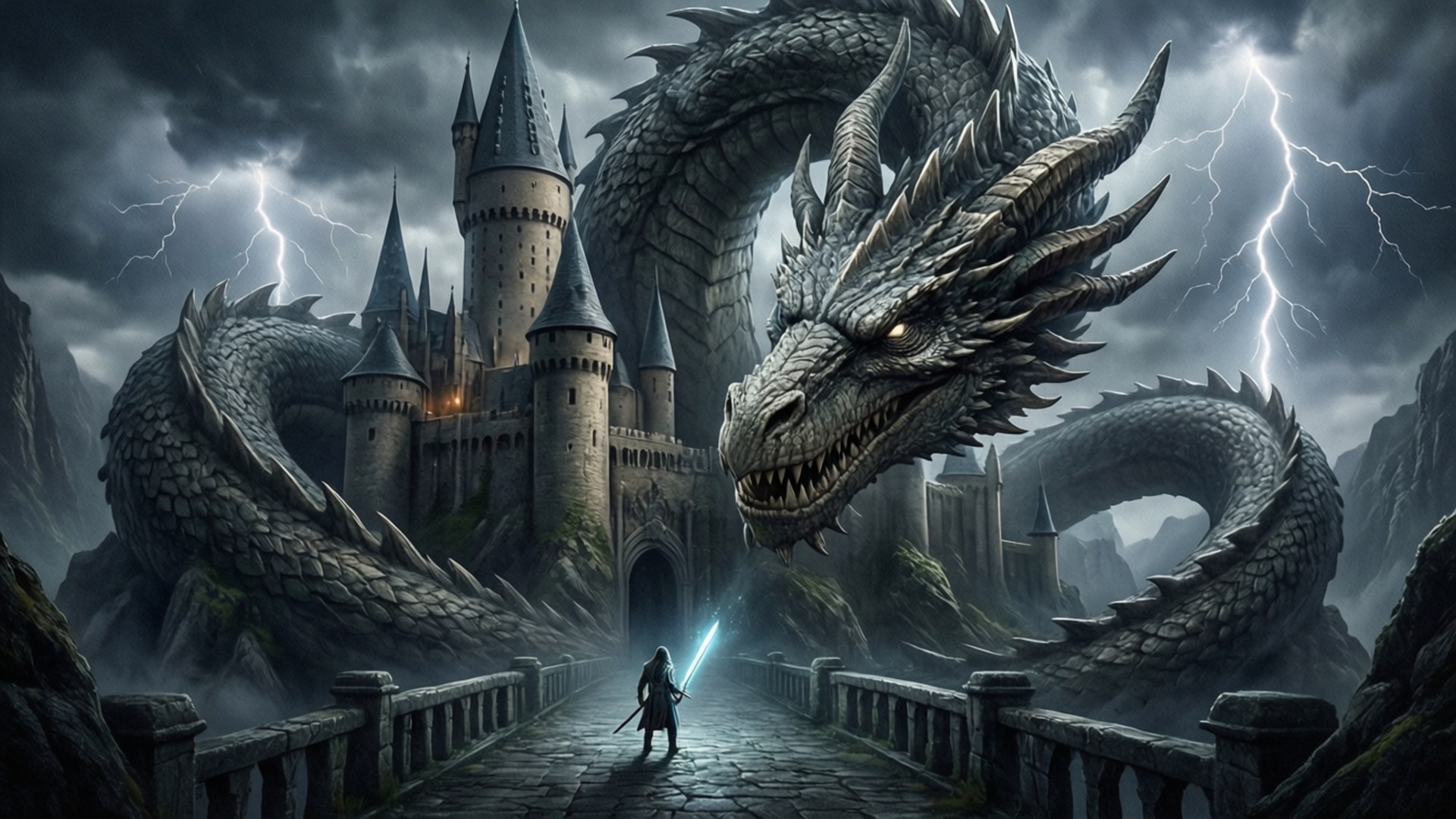 Dragon and the Lone Hero by Wallpapers.art Studio