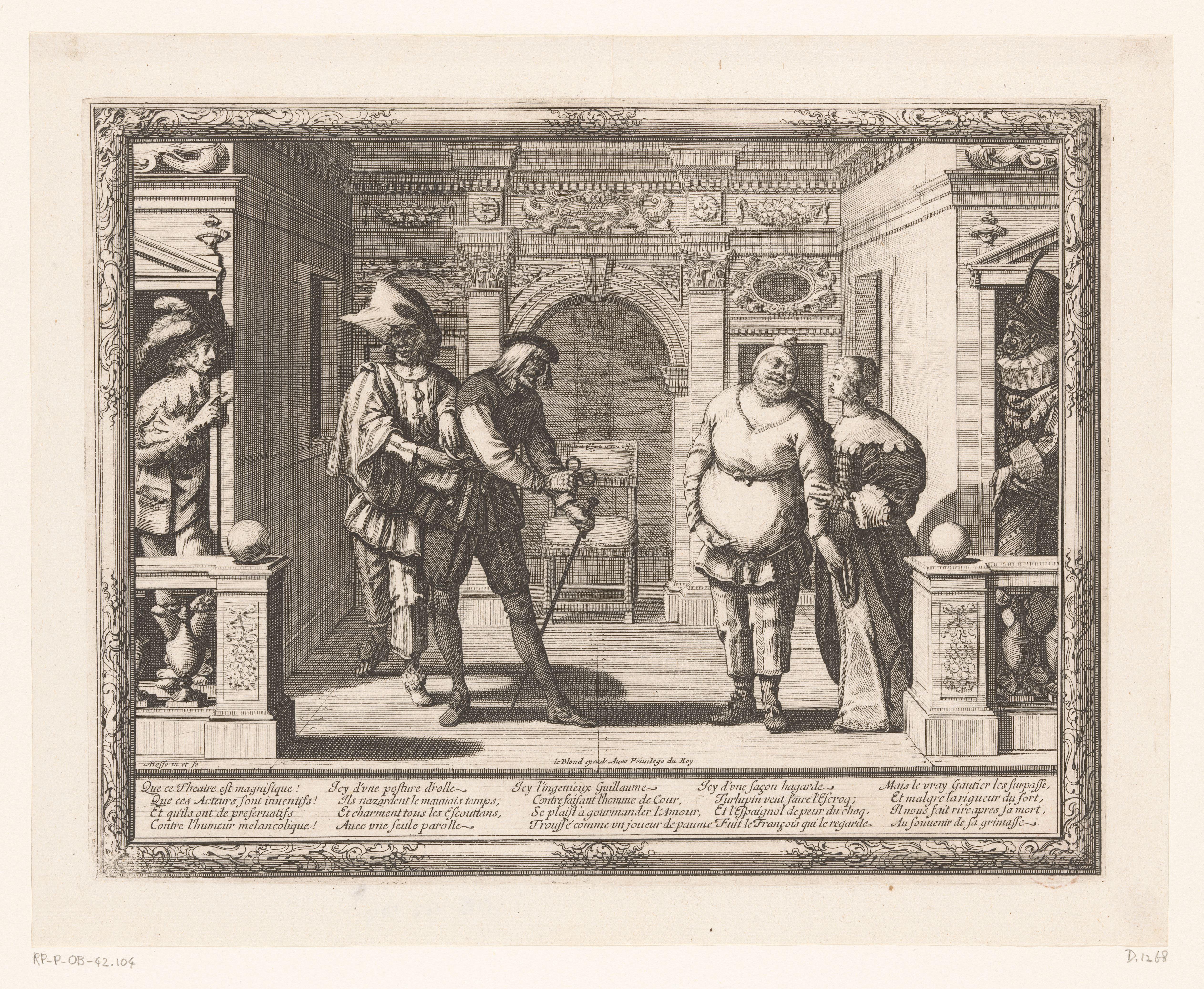 Drie acteurs in het theater van l'Hôtel de Bourgogne by Abraham Bosse