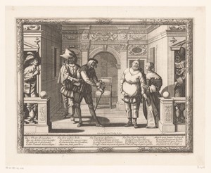 Drie acteurs in het theater van l'Hôtel de Bourgogne