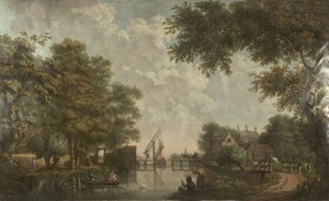 Drie behangselschilderingen van een Hollands landschap
