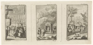 Drie boekillustraties met scènes met hovelingen