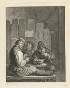 Drie boeren aan een tafel roken en drinken