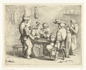 Drie boeren en een vrouw aan een tafel in een bordeel
