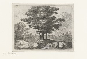 Drie bomen, een herder met schapen en een hond